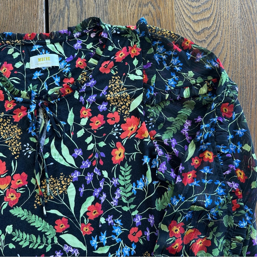 Maeve by Anthropologie Jacquin Peasant Blouse Black Floral Long Sleeve Women’s - Picture 4 of 16